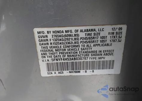 2010 Honda Pilot Ex-L from USA, damaged, VIN 5FNYF4H53AB030797